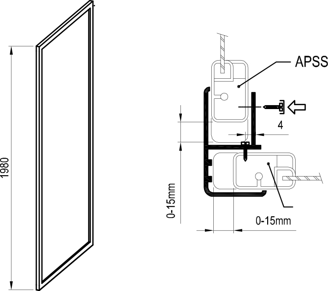 Perete fix cabina de dus APSS-100 alb+sticla Transparent