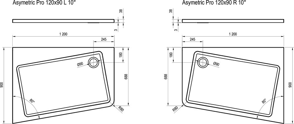 Cadiță de duș ASYMETRIC PRO 120x90 L 10°