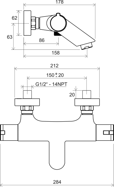 Batterie cadă de perete cu termostat TE 022.00/150