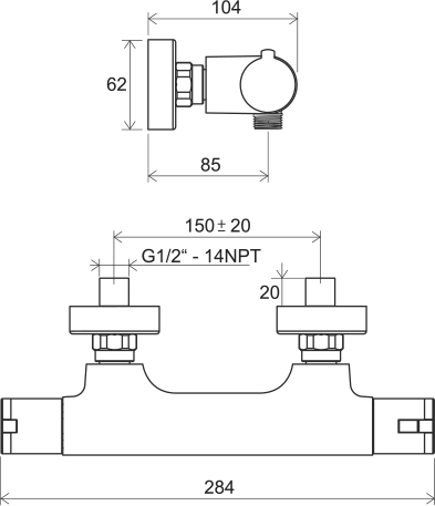 Baterie duş de perete cu termostat 150 mm