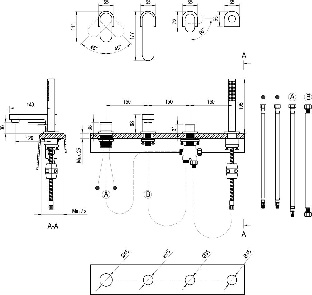 Baterie cada Chrome, cu 4 orificii