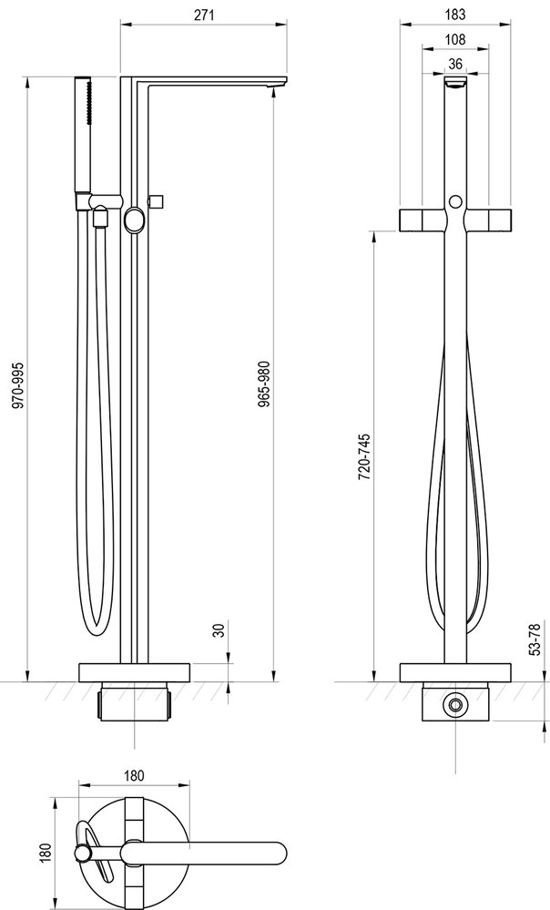 Baterie stativă de podea Chrome II CR 080. cu set de duș