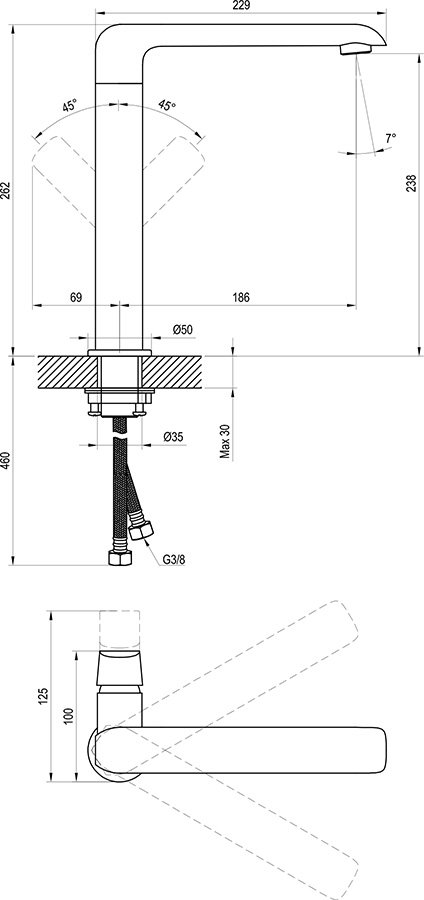 Baterii Flat fără ventil, 261 mm, pentru chiuvete baie / bucătărie