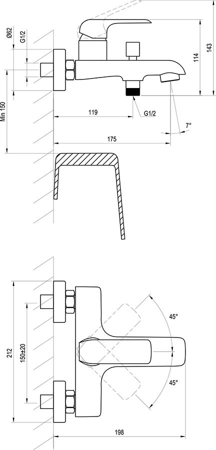 Baterie Flat, de perete pentru căzi