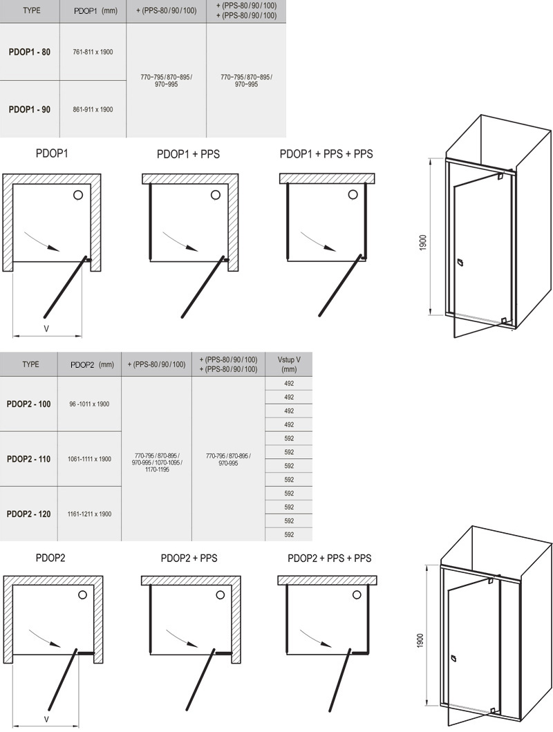 Cabine de duş rectangulare Pivot PDOP1/PDOP2 + PPS