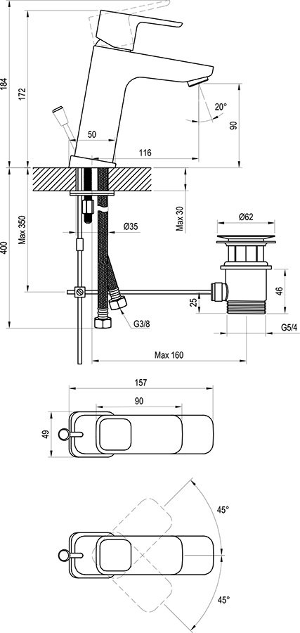 Baterie 10° stativă chiuvetă cu ventil