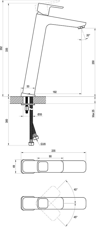 Baterie stativă 10° de chiuvete, 334 mm, fără ventil